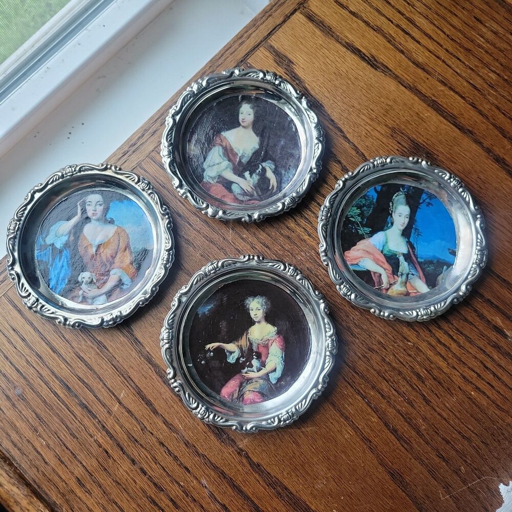 Vtg Set of 4 Silverplate coasters Ladies w/ Dogs Portraits Handmade Royal Dames